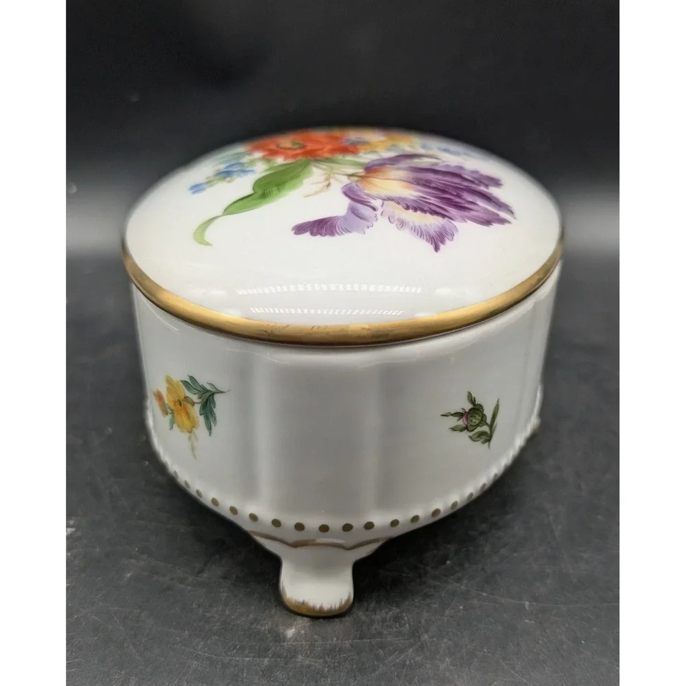 Vintage 1985 Handgemalt Lisa Ackermann Hand Painted Floral Porcelain Trinket Box